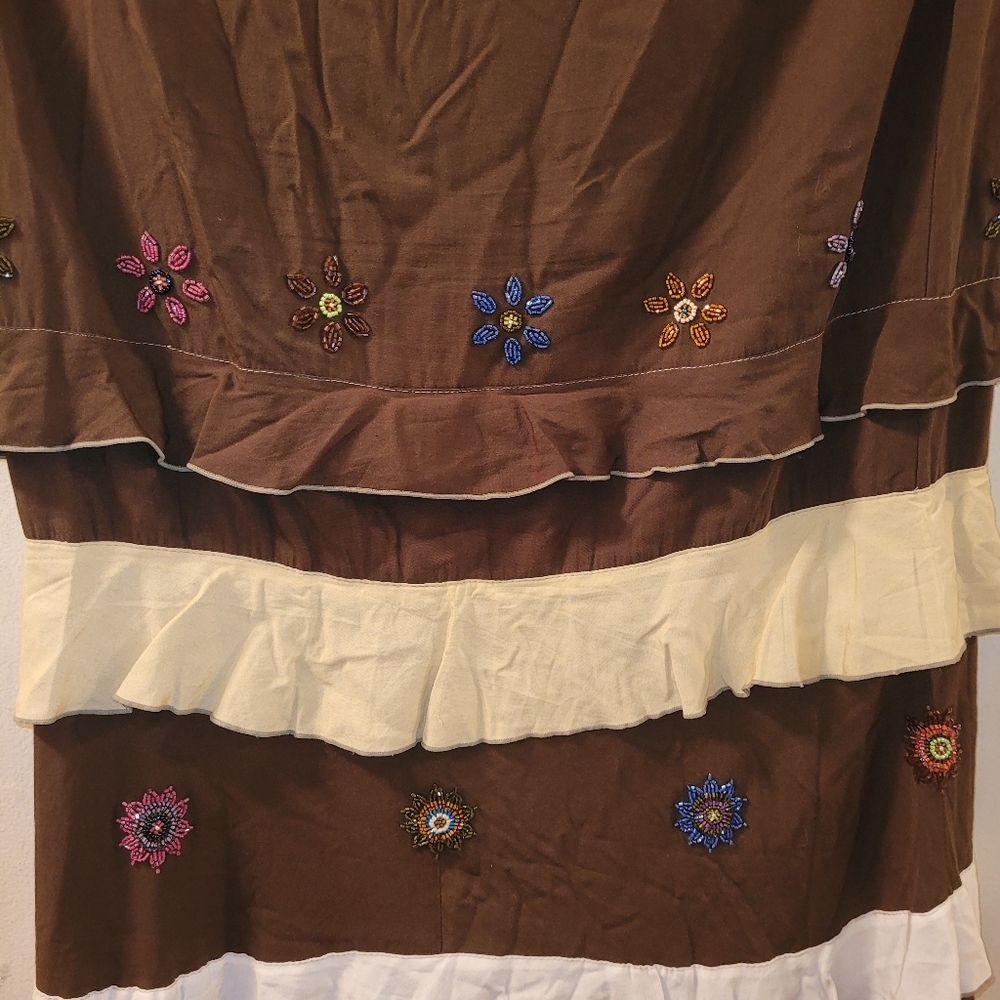 Cordelia Tiered Boho Flower Beaded Brown And Tan Maxi Skirt Size S Cottage core - Picture 4 of 8
